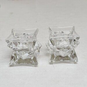 Vintage 2 Point Double Star Clear Glass Crystal Taper Candle Candlestick Holder